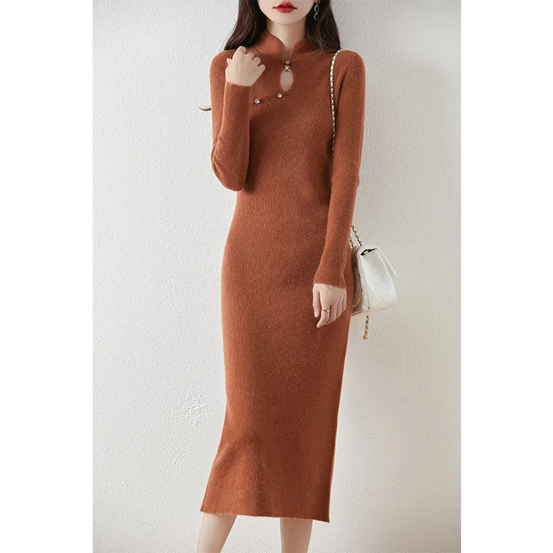 Women Wool Dress Slim Sweater Skirt Autumn Winter 100% Merino Wool Knitwear Chinese Style Grace Slim Pullover Chic Long Dress