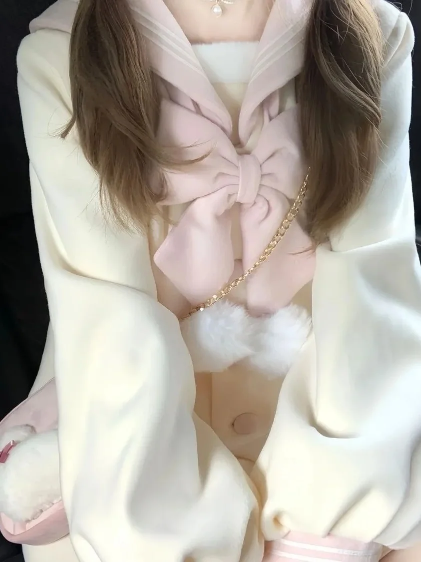 

Autumn Winter Plaid Woolen Coat Women's Sle College Faion Navy Collar Knot Soft Cozy Forest System Outerwear