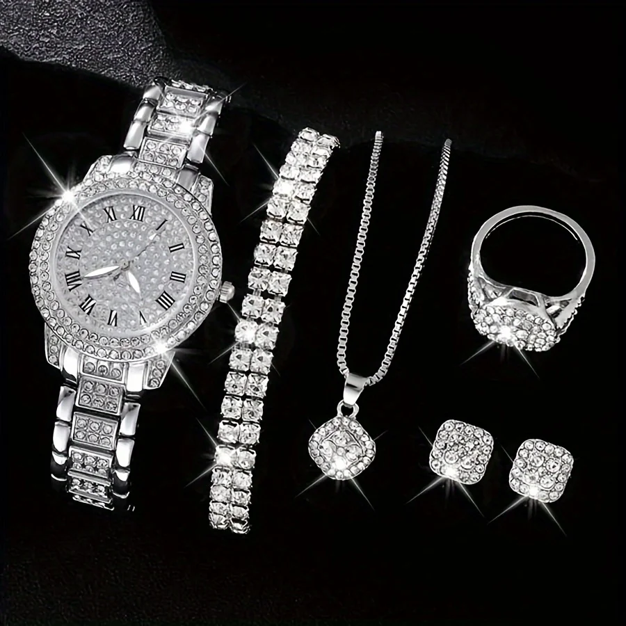 

Luxury Rhinestone Quartz Watch Hiphop Fashion Analog Wrist Watch & 6pcs Jewelry Set, Gift For Women Her