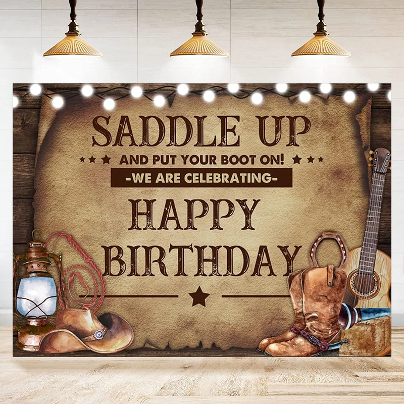 

Western Cowboy Photography Backdrop Wooden Barrel Cactus Cowboy Hat Saddle Up And Put Your Boot Background Decoration Banner