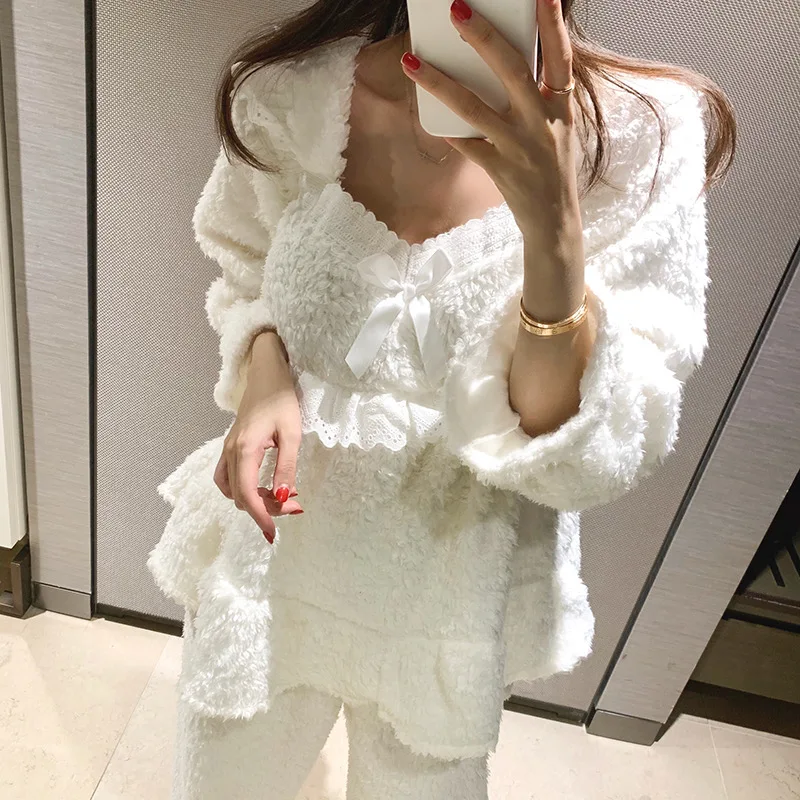 

Теплый флисовый пижамный комплект из кораллового вельвета, состоящий из двух предметов, модный, в корейском стиле, для женщин, для сна и отдыха, для весны.