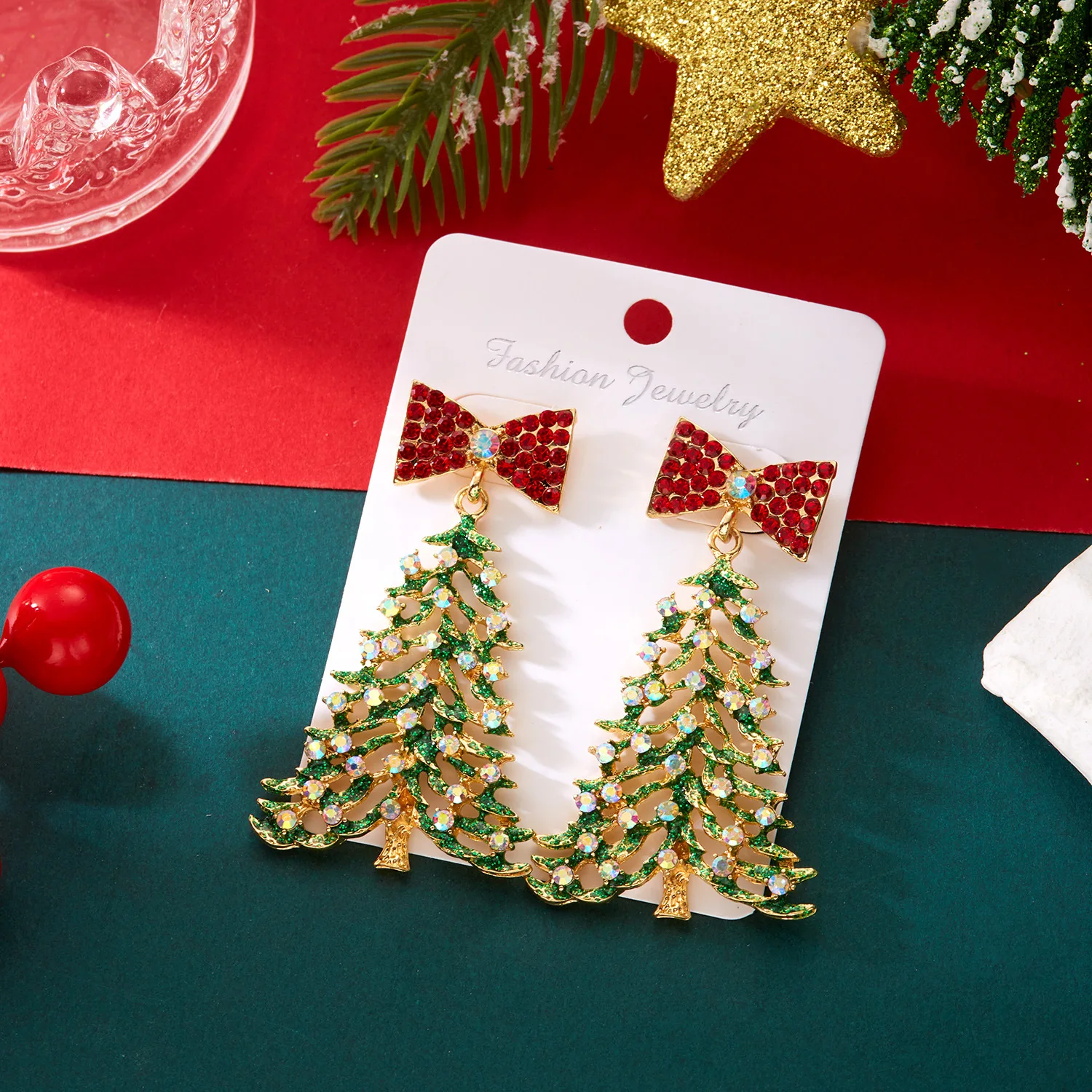 Light Luxury Colored Rhinestone Bow Christmas Tree Earrings For Women Girls Merry Christmas Fashion Jewelry Gifts