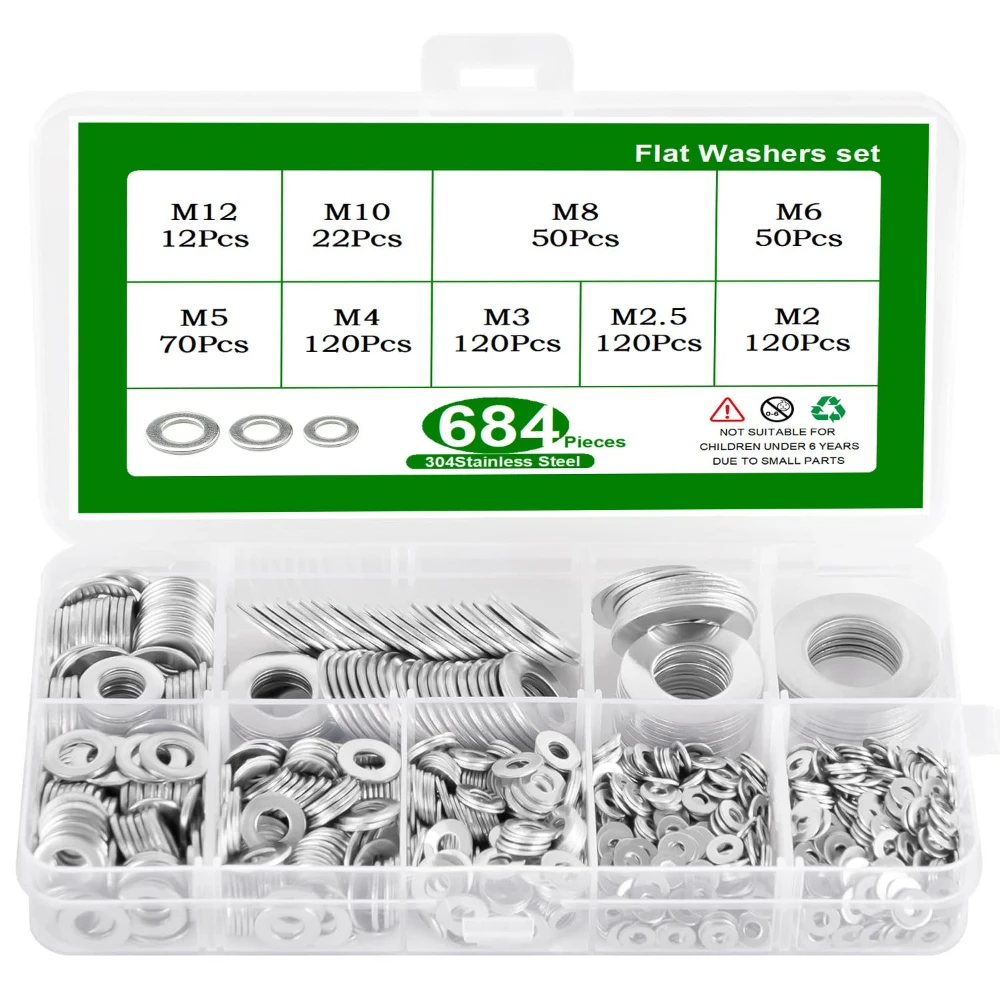 180pcs 684pcs M2-M12 Fasteners Flat Washer Gasket Kit 304 Stainless Steel Ring Flat Gasket Washers for Machine Woodworking Pipes