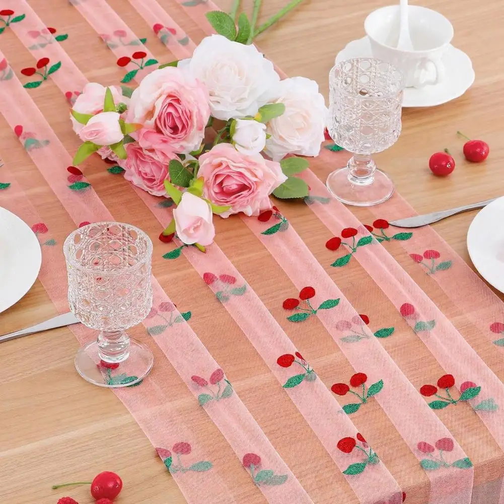 Sheer Tulle Table Runner Strawberry Cherry Lemon Pattern Summer Table Overlay Fruit Table Runner for Birthday Party Decor
