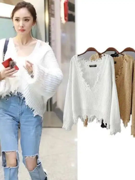 2024 Autunno/inverno Nuovo Scollo A V Manica Lunga Nappa Maglione Lavorato A Maglia delle Donne Allentato di Colore Solido Casual Versatile Pullover H226