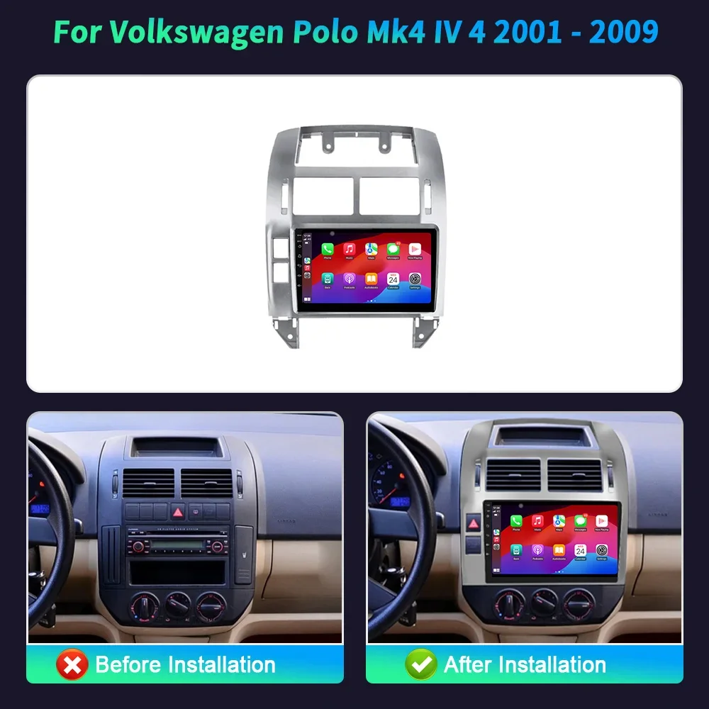 Android 14 For Volkswagen Polo Mk4 IV 4 2001-2009 Car Radio Multimedia Video Player Navigation Stereo Wireless BT Carplay Screen