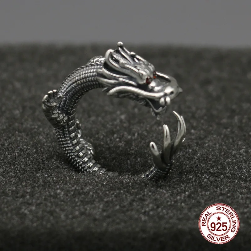 

S925 Sterling Silver Ring Vintage Hip Hop Blue Dragon Head Personalized adjustable jewelry Gifts for Lovers