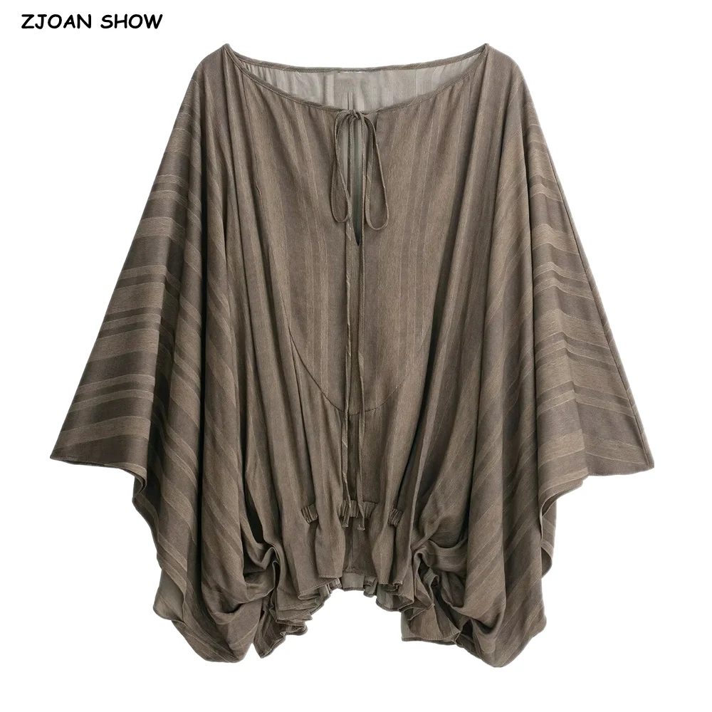 

2025 Autumn CHIC Jacquard Striped Batwing Pullovers Shirt Holiday Women Bow O neck Ruched Elastic Hem Loose Cape Blouse Tops