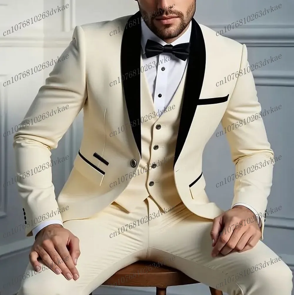 

Мужской костюм с черным воротником цвета слоновой кости, свадебная вечеринка, формальный жених, жених, выпускной, деловые мужские смокинги, комплект из 3 предметов, куртка, жилет, брюки