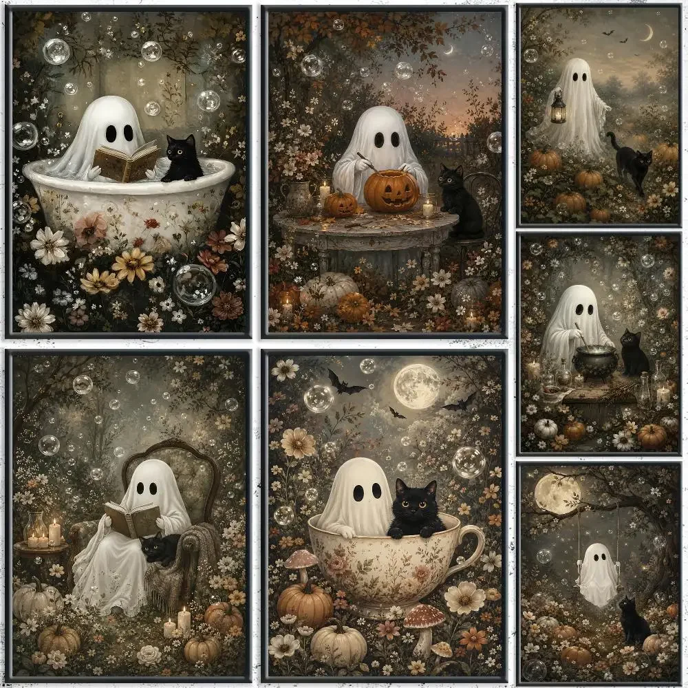 Vintage Floral Ghost Black Cat Halloween Painting Calligraphy HD Canvas Poster Crease Free Waterproof All Space Wall Decor