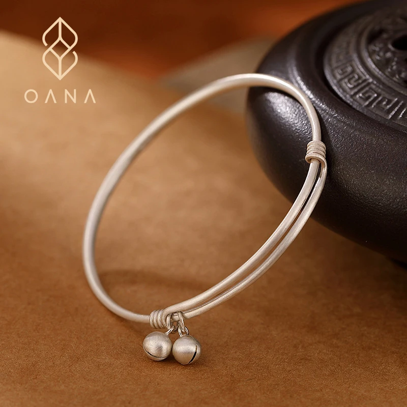 OANA S999 Fine Silver Make Old Matte Personality Bell Retro Men And Women Push And Pull Adjustment Bracelet Jewelry