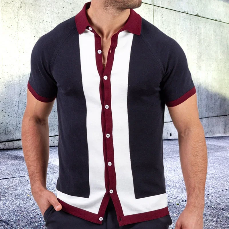 Europe and The United States Men's fashion Large Size Single Breasted Patchwork Color Sweater Men's Casual POLO Shirt M-3XL