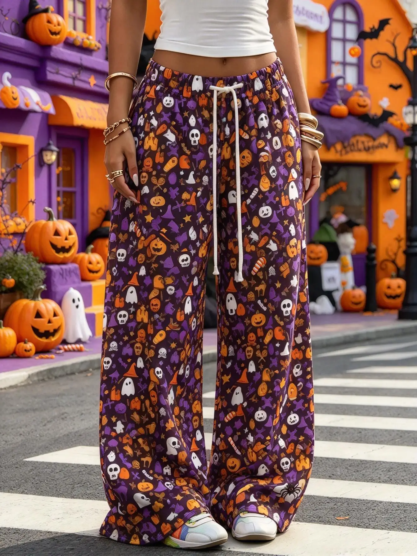 Halloween Ladies Wide Leg Trousers, Cartoon Skull Ghost Candy Witch Hat Print Drawstring Loose Party Pants