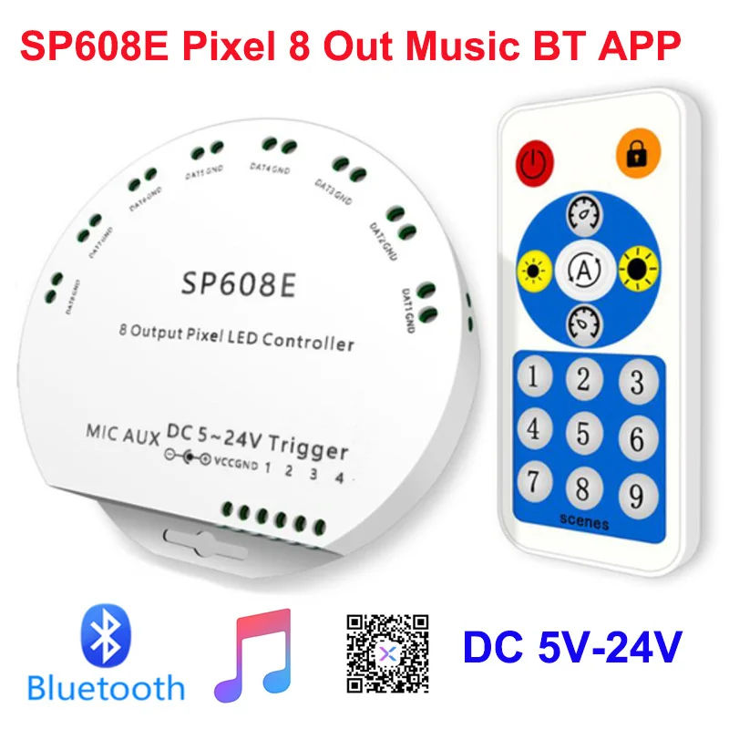 WS2812B Bluetooth APP Music Controller with Remote SP608E 8 CH SP602E 4 CH WS2811 WS2815 LED Light Strip IOS Android App 5V-24V