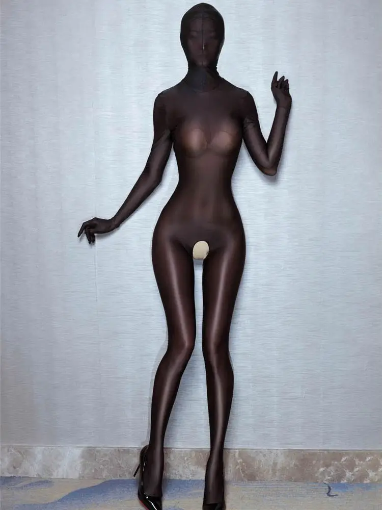 Shiny Separated Fingers Bodystocking Catsuit Tights Hooded Zentai Conjoined Open Crotch Bodysuit Sexy Clubwear Leotard Lingerie