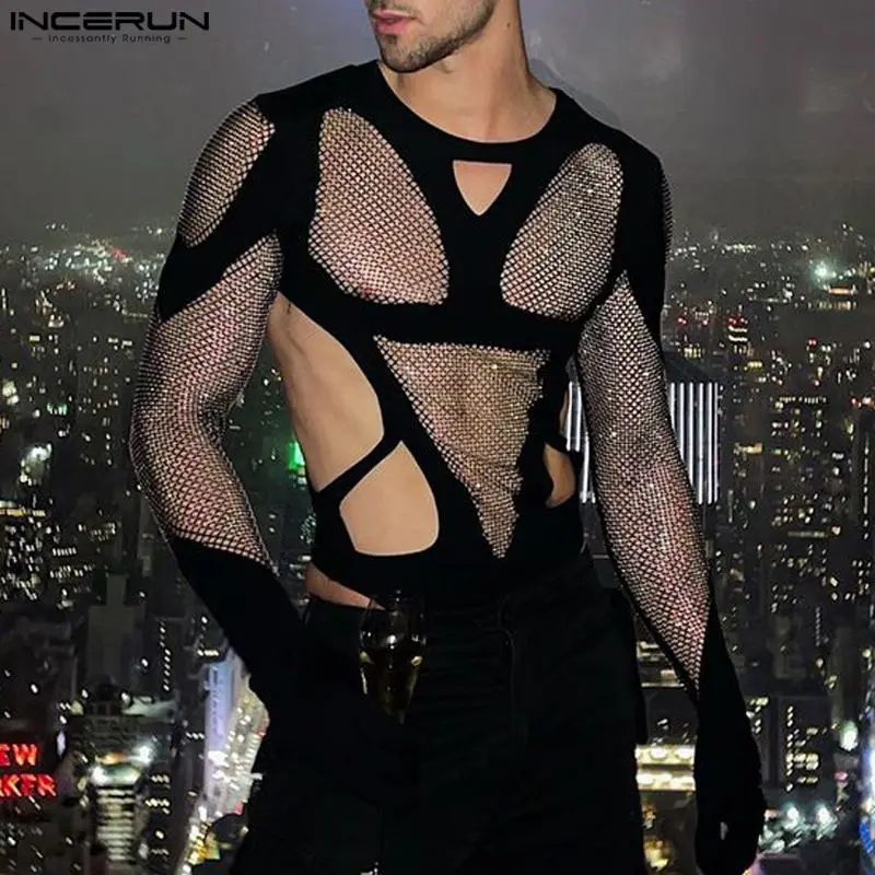 Männer Bodys Mesh Patchwork transparente Handschuhe 2023 aushöhlen Stram pler männliche T-Shirts O-Ausschnitt Langarm Bodysuit S-5XL Incerun