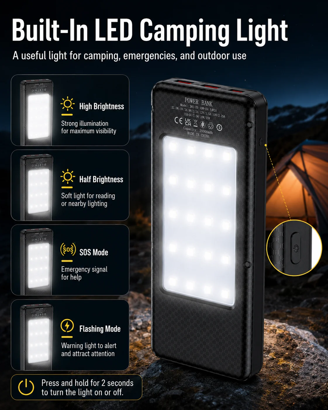 Portable Camping Power Bank DIY Shell, 8 Cell 18650 No Soldering Case Featuring 22.5W Fast Charge Wireless Charger LED Lamp