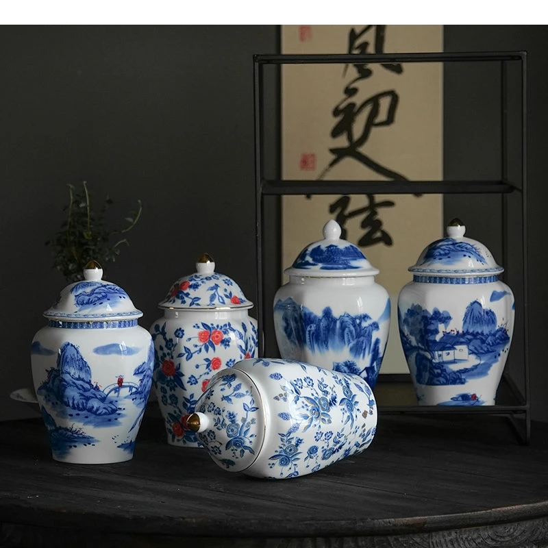 Blue and White Porcelain Storage Jar Ink Painting Ceramic Ginger Tea Canister Desk Decoration Jewelry Box Cosmetic Container