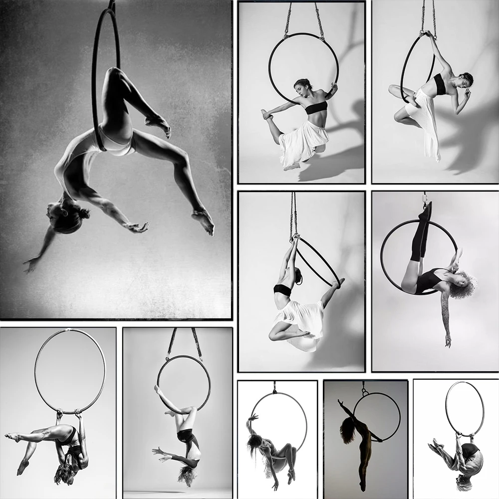 Póster de lona sin marco con diseño de posturas clásicas de aro aéreo, decoración para sala de estar, fitness, yoga, danza con aro aéreo, 1 unidad