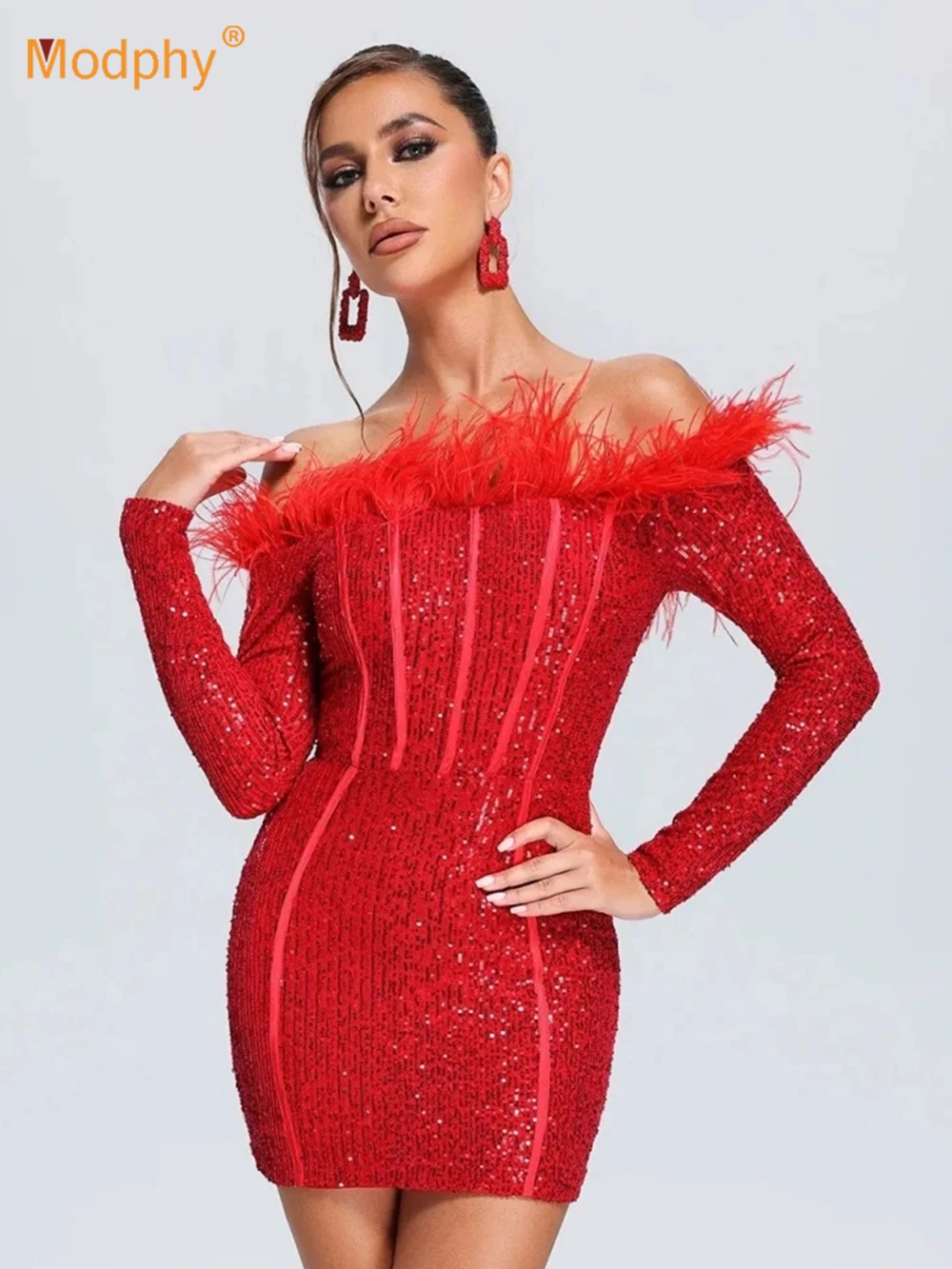 

Modphy Sexy Off Shoulder Feather Sequin Mini Dress Women Red Black Slash Neck Long Sleeves Bodycon Dress Elegant Evening Party