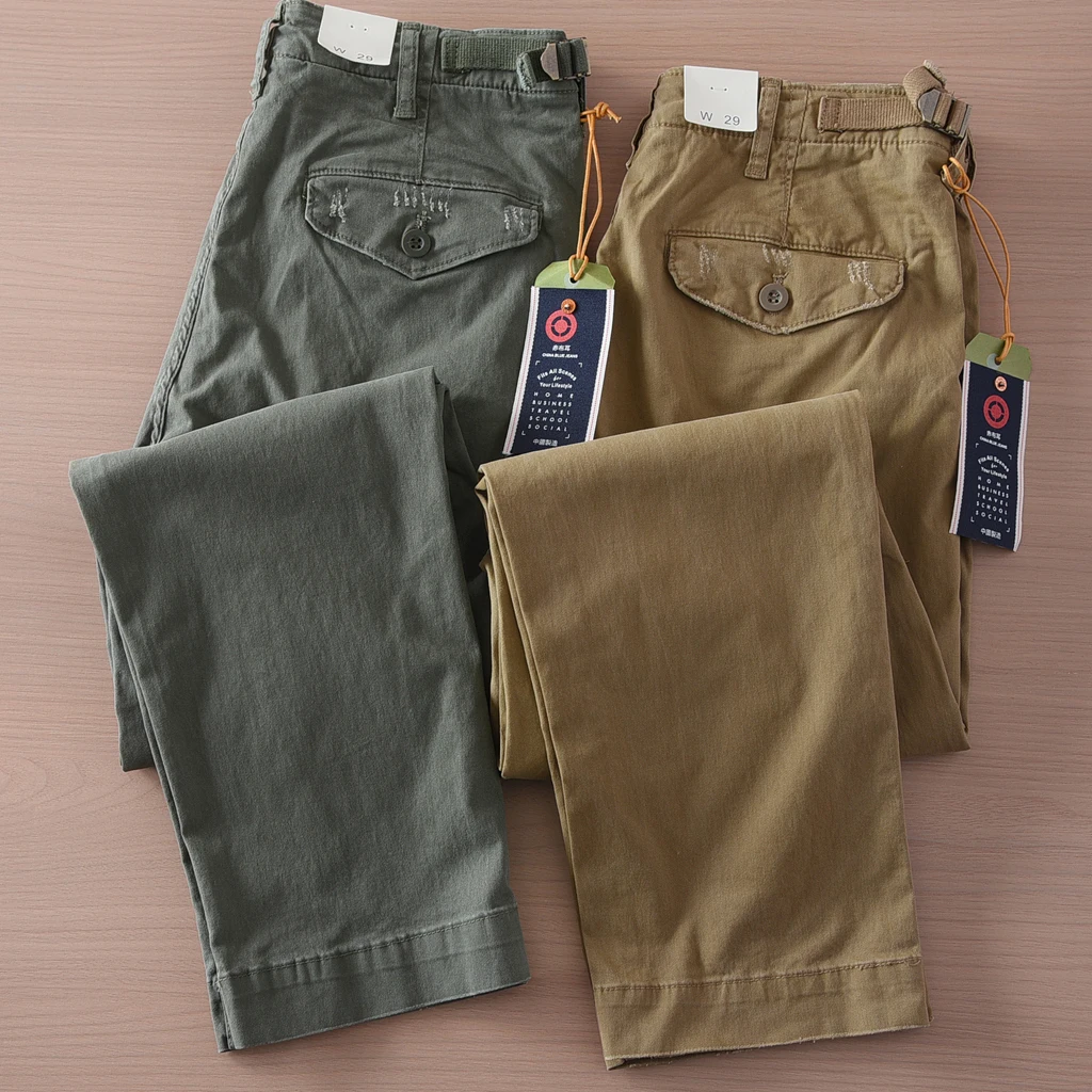 2025 Spring Summer New Japanese Retro Woven Twill Cargo Pants Men's Simple Fashion 97% Cotton Washed Casual Straight Trousers