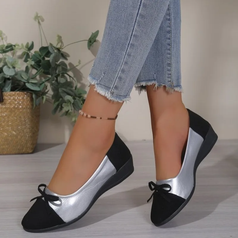 Summer 2026 Large Size Slip-On Casual Color Block Butterfly Knot Outdoor Wear Single Shoes Round Toe Mid Heel Rubber Outsole