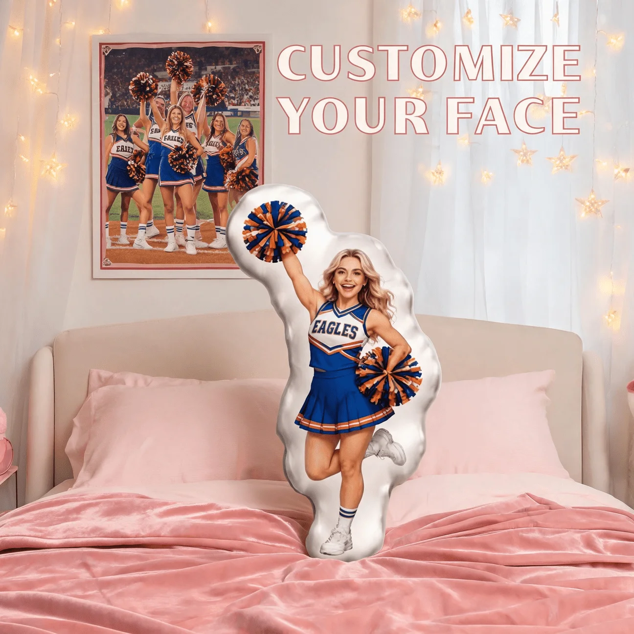 Custom Photo Cheerleader Shaped Pillow, Personalized Face Blue Uniform Decorative Cushion, 70CM Home Decor Accent for Sofa & Bed