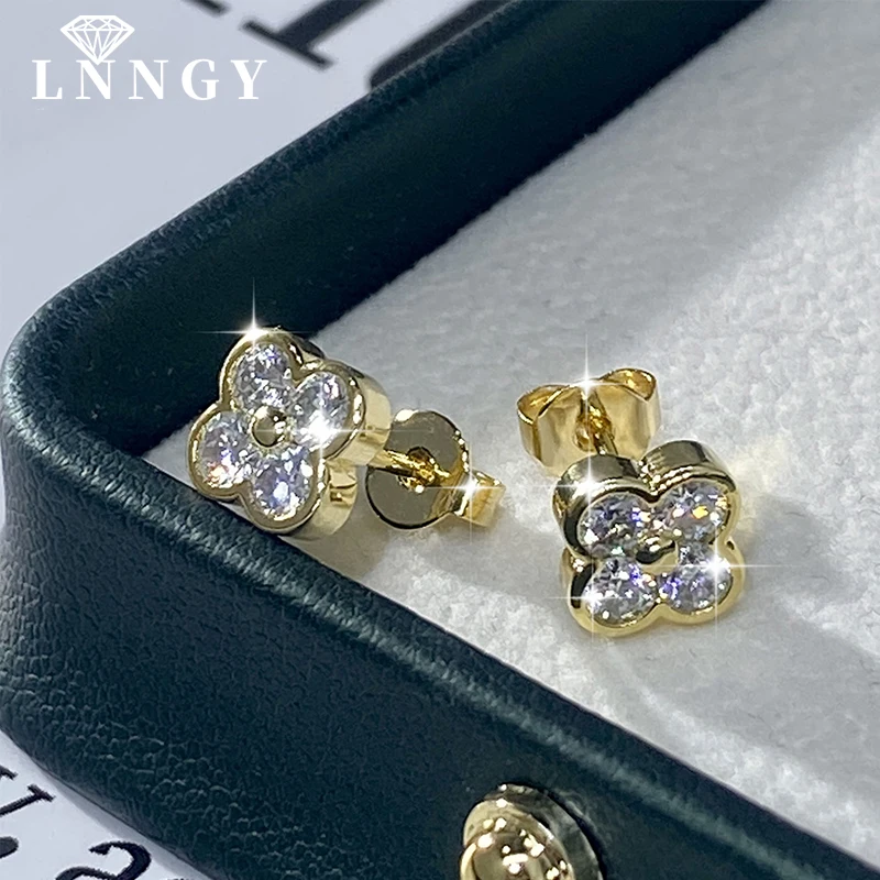 

Lnngy Certified Moissanite Flower Earring With Certificate For Women Korean INS Four Leaf Flowers Stud Earrings Daily Jewelry