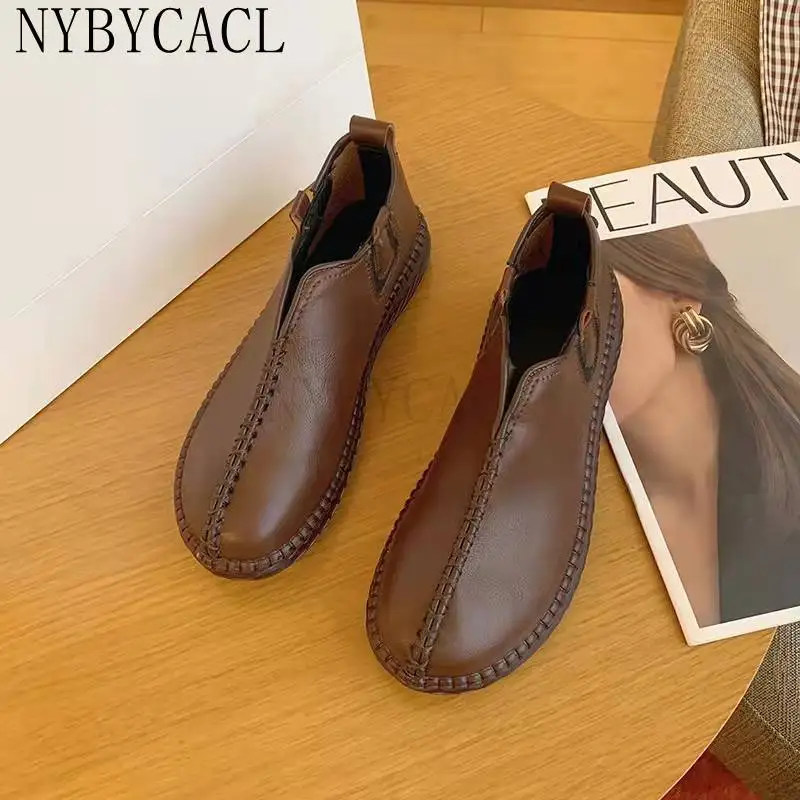 Spring and Fall Genuine Leather Ankle Boots Handmade Lady Soft Flat Shoes Comfortable Casual Moccasins Fashion Vulcanized Shoe