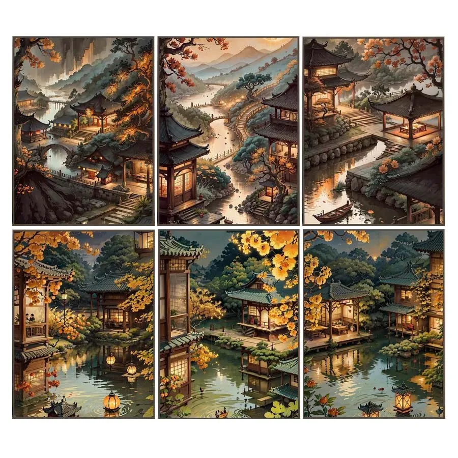 Ancient House Scenery Diamond Painting New Diy Full Mosaic Arts Rhinestone Embroidery Picture Landscape Wall Decor AA5052