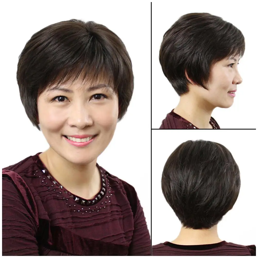 Middle Aged And Elderly Wigs Short Hair Full Head Set Synthetic Fiber Head Cover Short Straight Hair Natural Middle-aged Hair