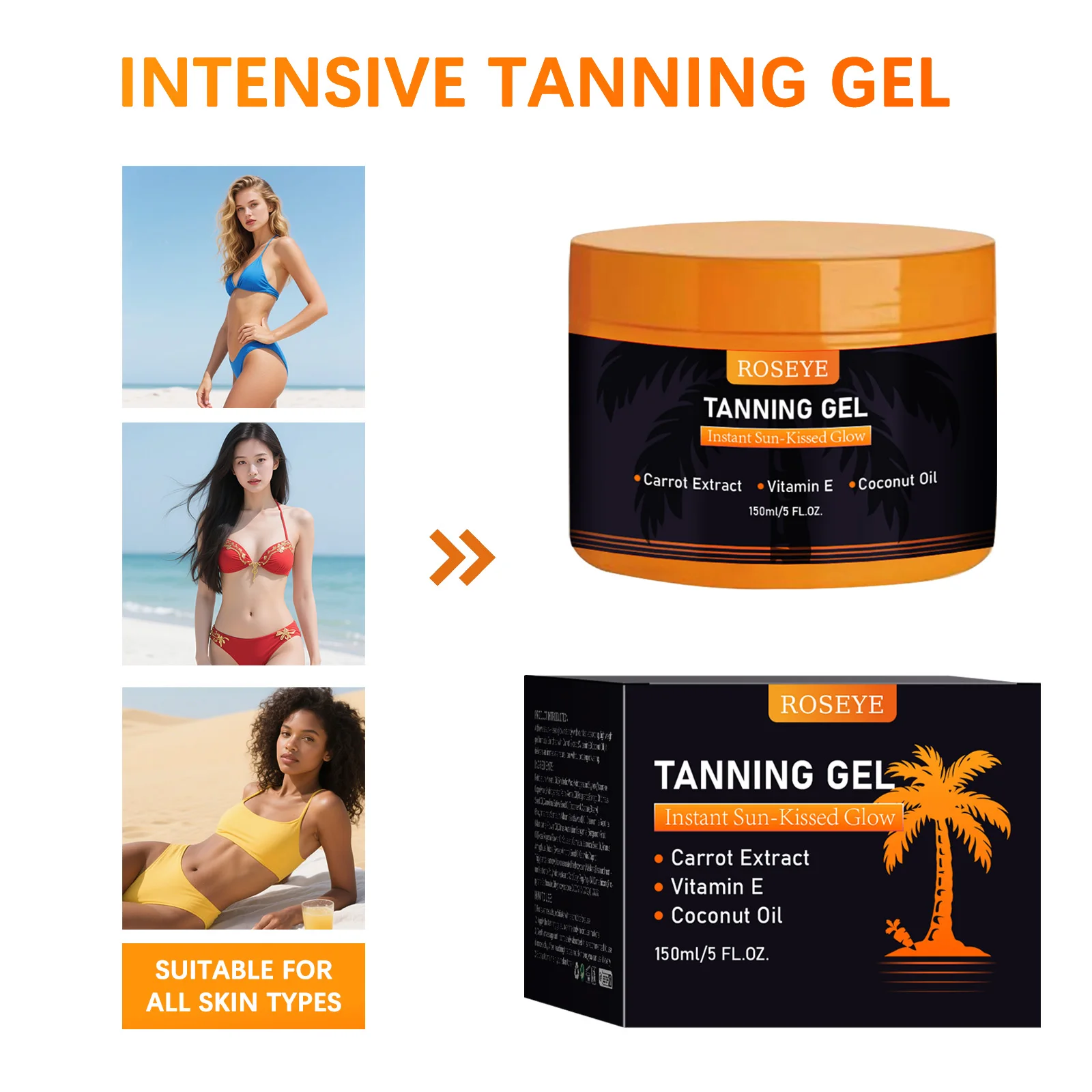 ROSEYE-Gel bronceador intensivo, 150ml, brillo instantáneo sin sol, extracto Natural de zanahoria y aceite de bronceado de coco, resistente al agua para todo tipo de piel