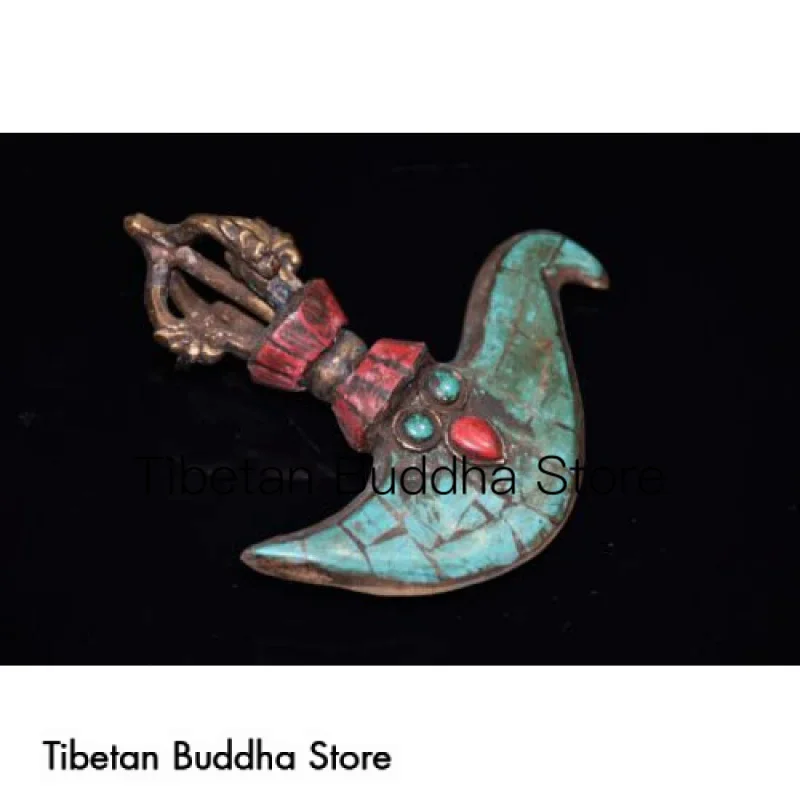 Tibetan pure copper inlaid with red pine and green pine gemstone ornaments