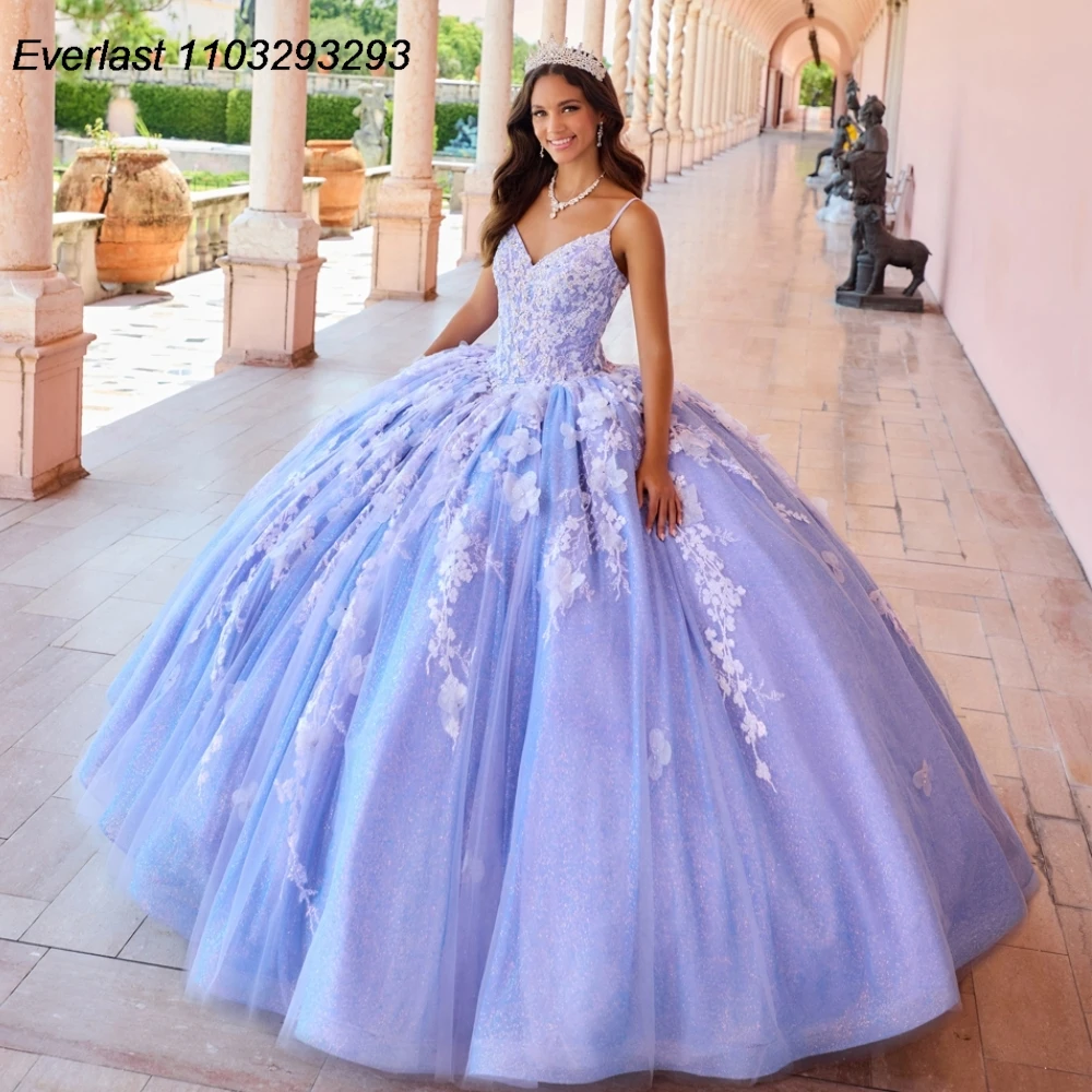 EVLAST-Vestido De quinceañera púrpura con purpurina, Vestido De baile, apliques De encaje, cuentas De cristales con capa, dulce 16, 15 años, TQD342