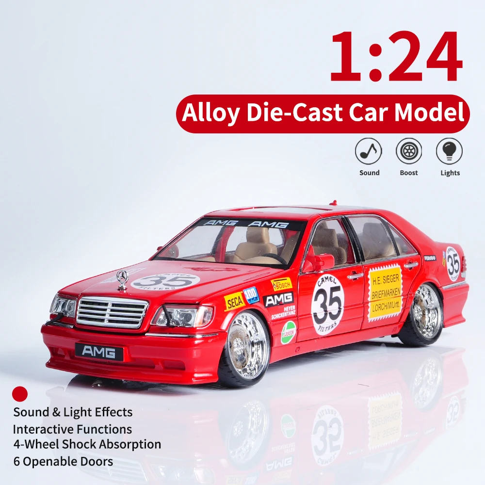 1:24 rood legering racewagenmodel, multi-print stickers, met geluid en licht, 4-wielige schokabsorptie, 6 deuren, pull back glide, jongensspeelgoed/ornament/festivalcadeau