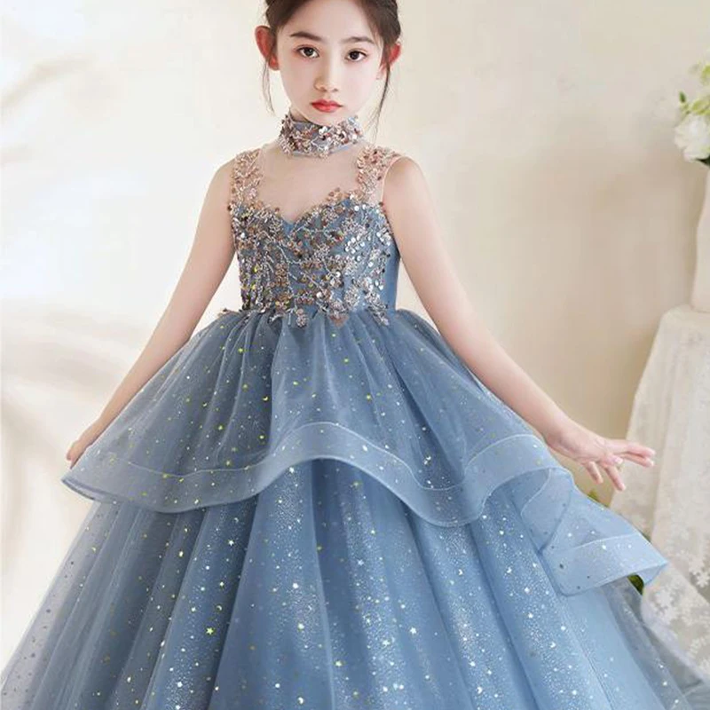 

Sequin embroidery Girl Dress baby birthday Party children's Beauty Pageant Wedding Princess sexy Halloween sleeveless dress New