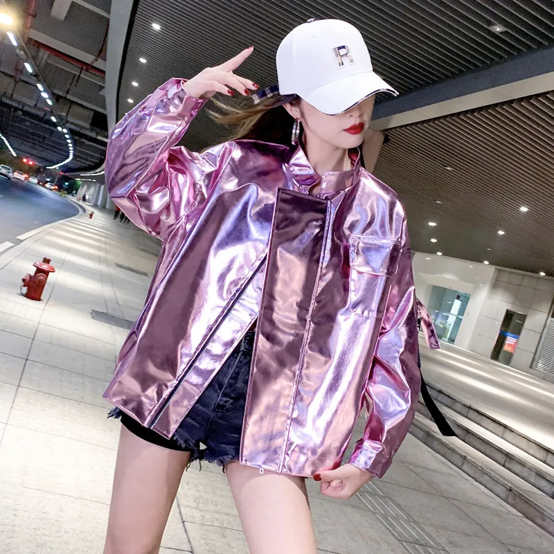 Spring Oversized Cool Silver Gold Blue Shiny Reflective Patent Pu Leather Jacket Women with Hood Unisex Y2K Clothes