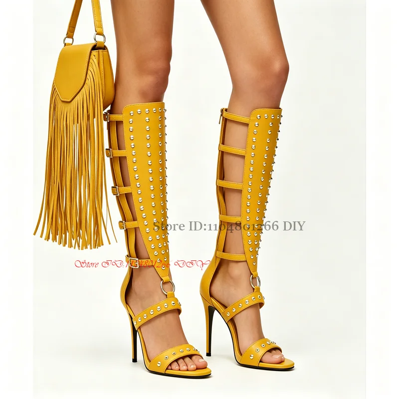 Pink Leather Gladiator High Heel Sandals Summer Boots Stud Decor Open Toe Stiletto High Heel Sexy Party Shoes Zipper Stilettos view 2