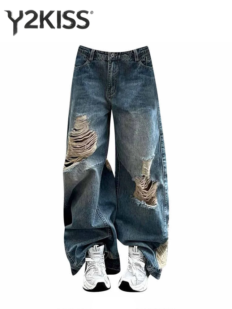 

Женские широкие джинсы-бойфренды с рваными элементами, в стиле гранж Y2K, с дырками, в американском ретро-стиле, ковбойские, в японском стиле Харадзюку, длинные брюки