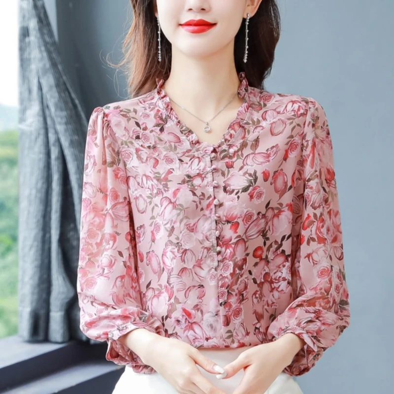 2024 Summer New Fashion Age Reducing Top Women\'s Chiffon Fragmented Flower Thin Shirt Western Loose Style Casual Fashion Shirt