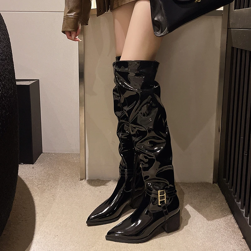 Square Heel Winter Modern Boots Pointed Toe Mid Heel Solid Ladies Shoes 2025 Fashion Over The Knee Pleated Sexy Women's Boots