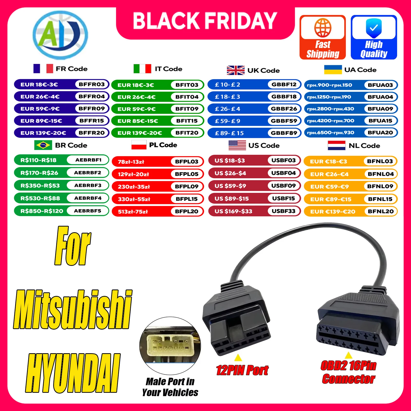 Кабель OBD2 для Mitsubishi HYUNDAI 12Pin OBD1 к OBD2 автомобильный адаптер OBD2 диагностический разъем OBD1 удлинительный кабель работает с ELM327 Кабель OBD2 для Mitsubishi HYUNDAI 12Pin OBD1 к OBD2 автомобильный адаптер OBD2 диагностический разъем OBD1 удлинительный кабель работает с ELM327