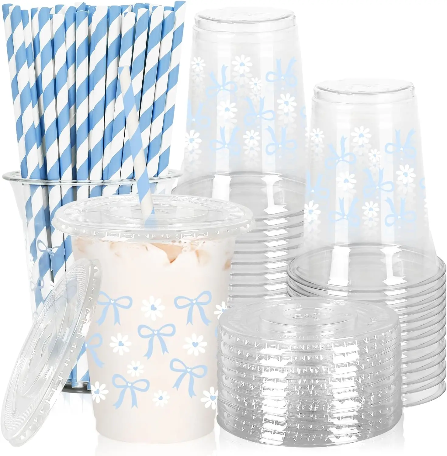 

50Pcs Blue Bow Plastic Cups with Lids and Straws Blue Bow Daisy Clear Plastic Cups 12oz Disposable Cups for Birthday Wed