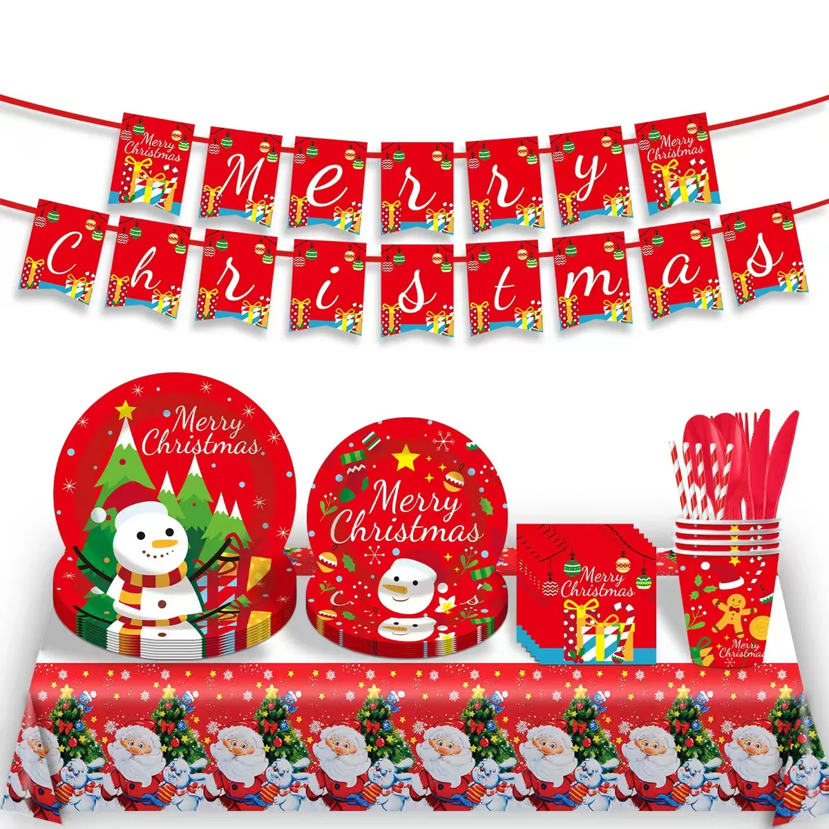 Red Christmas themed birthday party disposable paper tray, paper cup, tissue, banner decoration set supplies