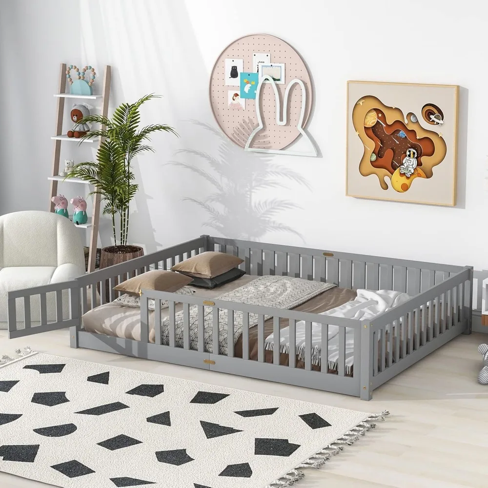 Children Beds-Twin Floor Bed for Children, Sturdy Wood Montessori Bed Frame with Wood Slats,High Fence & Small Door