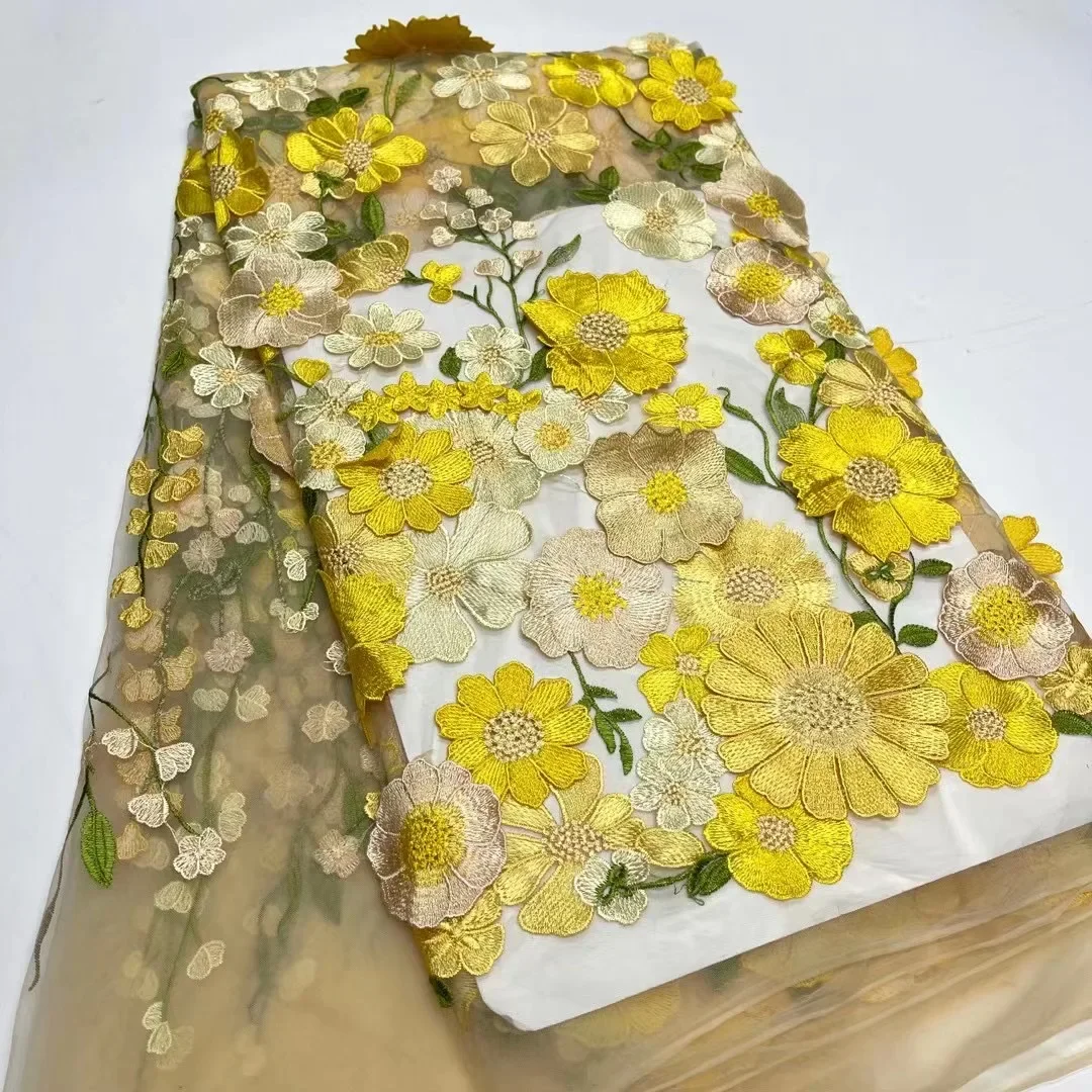Luxe Afrikaanse 3d Bloem Kant Stof 2024 Hoge Kwaliteit Geborduurde Nigeriaanse Kant Stoffen 5 Yards Voor Vrouwen Feestjurk Mhy5435