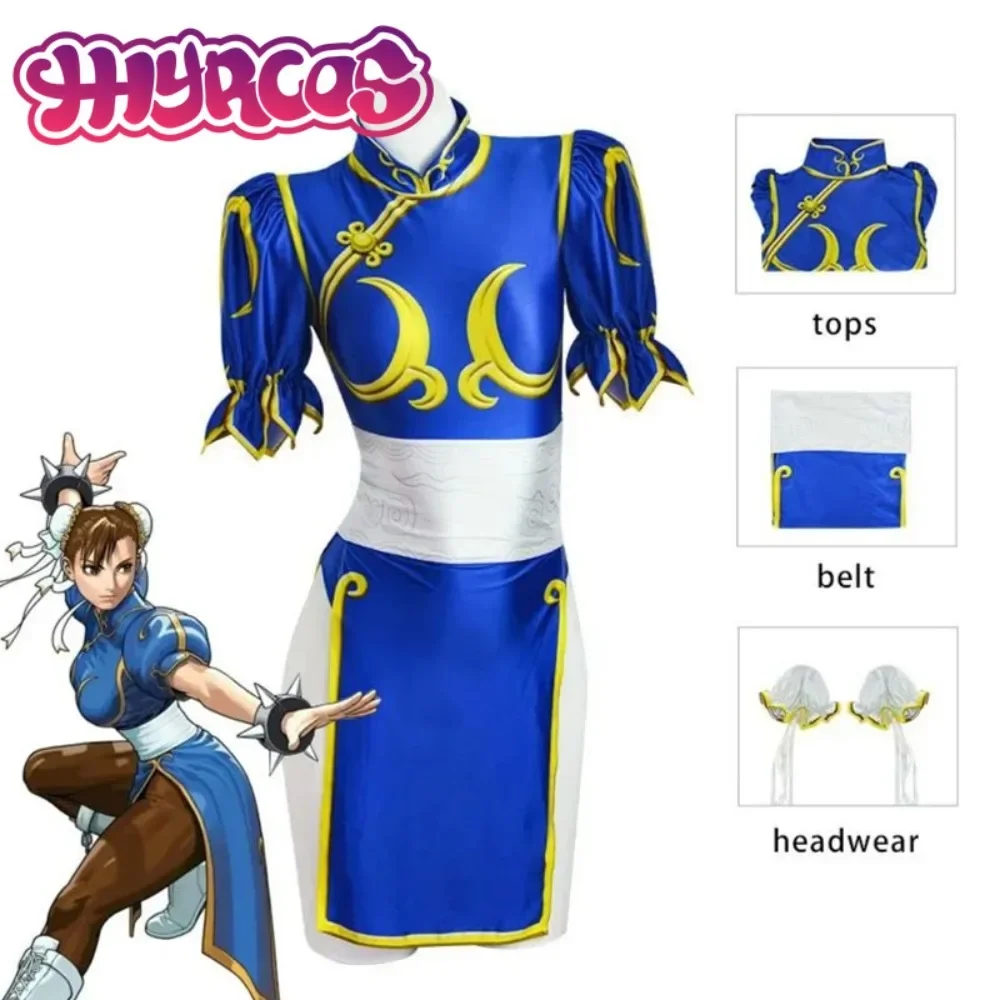 SF Chunli Rollenspiel Blaues Qipao Outfit Chun Li Cosplay Kleid Kostüm Spiel Komplettset Jackie Kung Fu Halloween Party Anzug für Spaß