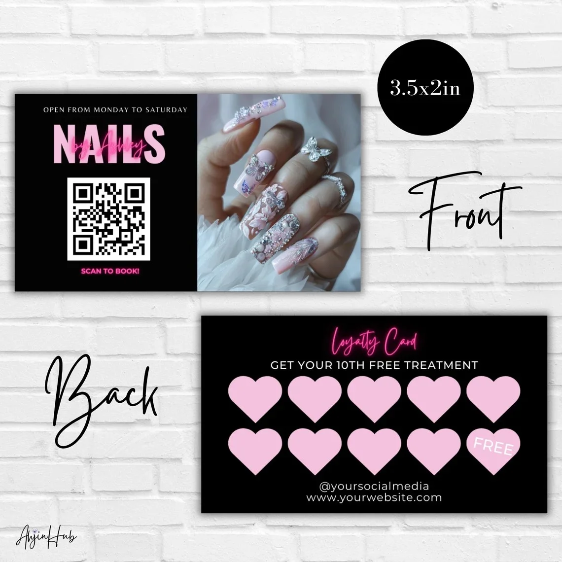 Custom Gold Nail Tech Business Card Instagram photo Card with QR Code DIY Discount Card for Customer Reward Pink Credit Card Log