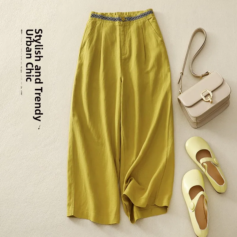 

Свободные женские широкие брюки из хлопка и льна с драпировкой больших размеров, универсальные удобные повседневные брюки в Корейском стиле для поездок на работу