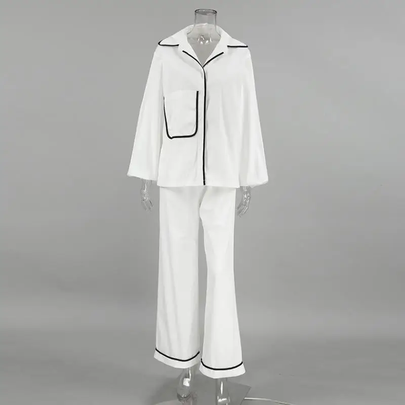 Casual Women's Home Pajama Set Autumn New Urban Cotton Hemp Contrast Collar Long Sleeve Wide Leg Pants Set Women's Matching Sets